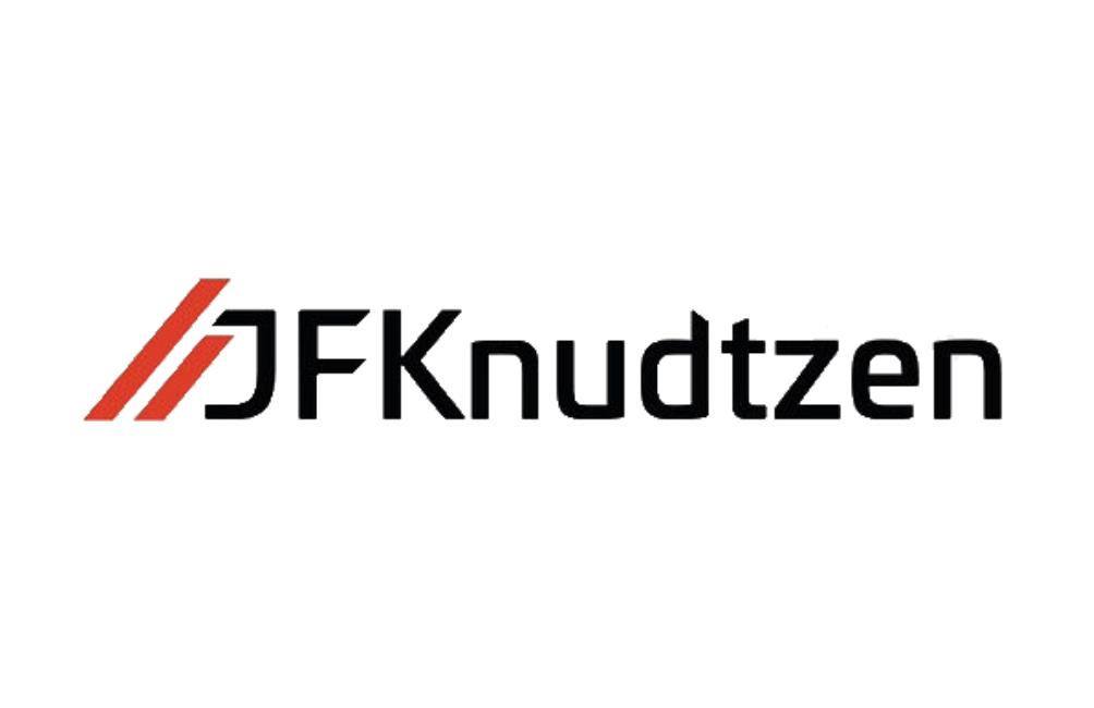 Logo for JFKnudtzen, featuring stylized letters and design elements in red and black.