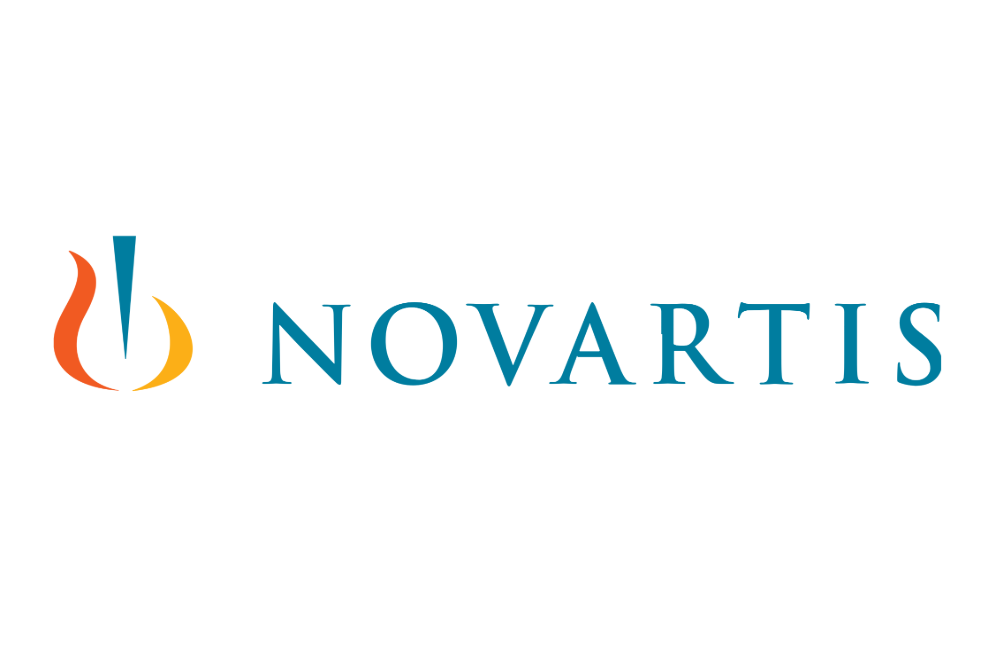 Logo of Novartis with a stylized flame design in orange, yellow, and blue.