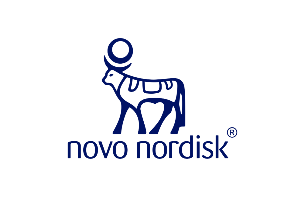 Logo of Novo Nordisk featuring a stylized cow and the company name in blue.