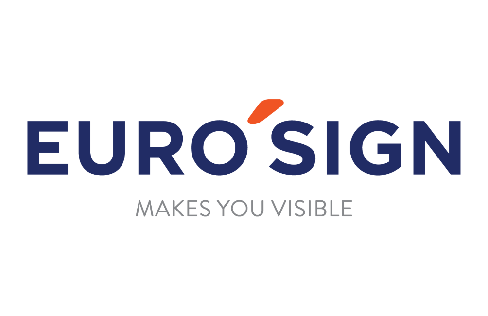 Logo of EuroSign with the tagline 'Makes You Visible' beneath it, featuring a navy blue font and an orange accent.