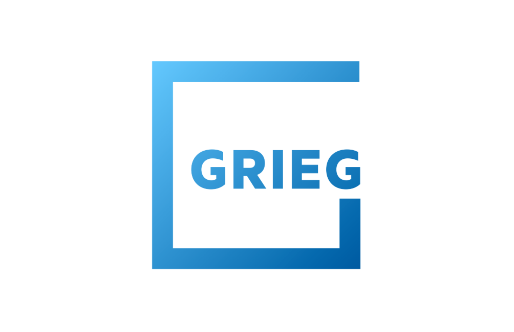 Logo for Grieg in blue gradient colors within a square outline.