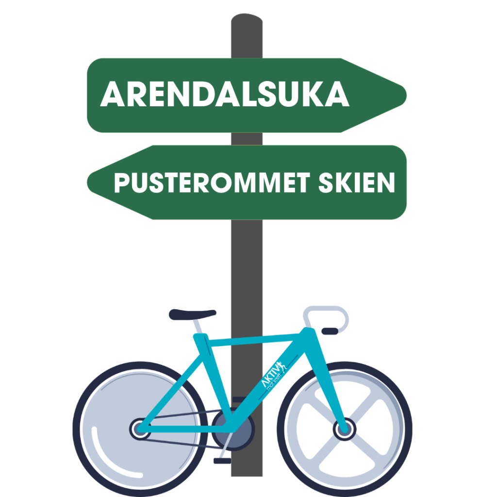 Illustrasjon av en sykkel ved et skilt som peker mot Arendalsuka og Pusterommet Skien.