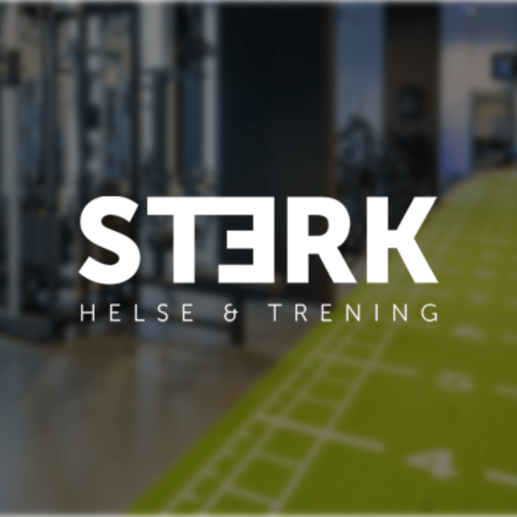 Logo of STERK Helse & Trening with a blurred background of gym equipment.