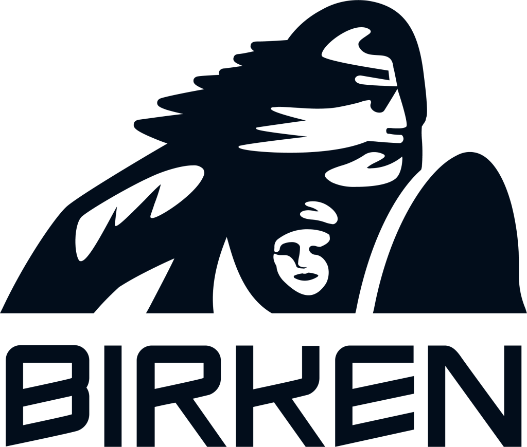 Logo for Birken med stiliserte figurer av en skibygger og fjell i bakgrunnen.