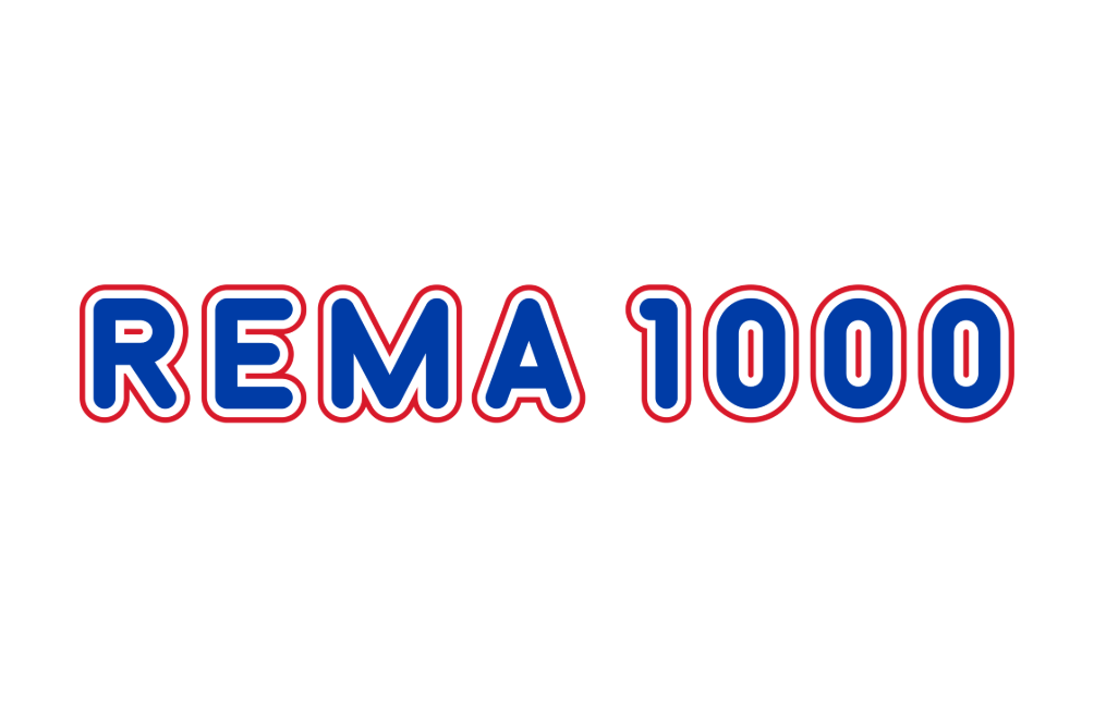 Logo for Rema 1000, med blå tekst og rød omriss.